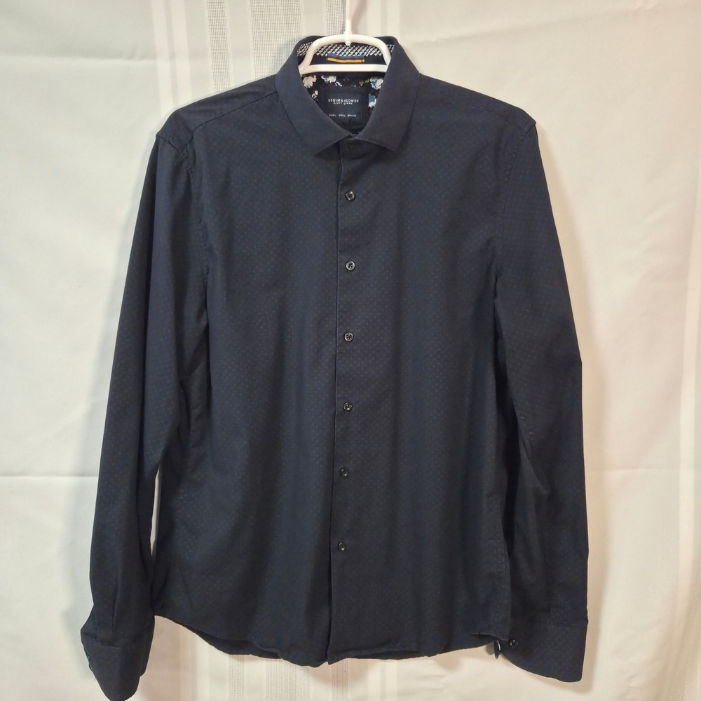 Denim & Flower Shirt Mens L Blue Ricky Singh Micro Pattern Long Sleeve Button Up